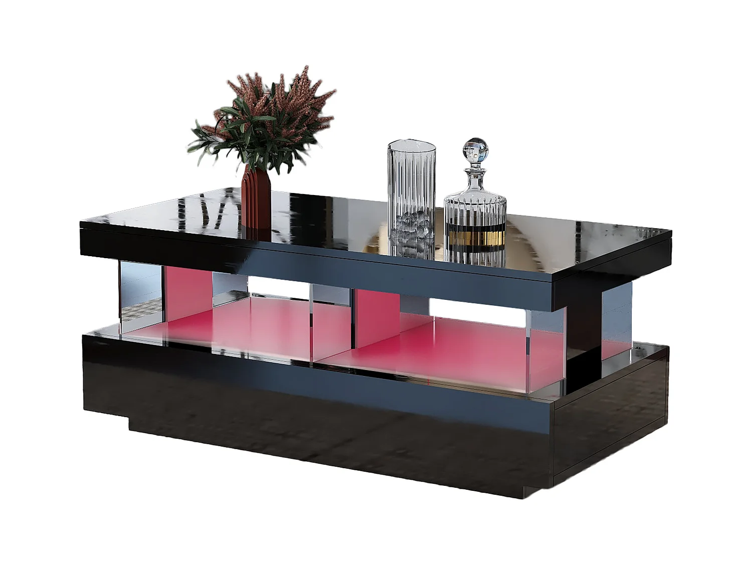 Table basse moderne avec éclairage LED, plateau haut brillant, panneaux acryliques et 2 tiroirs, panneau de particules, noir (100x60x49.5cm)