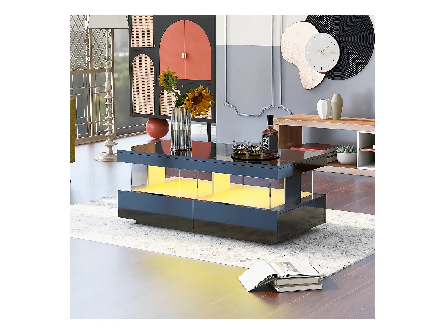 Table basse moderne avec éclairage LED, plateau haut brillant, panneaux acryliques et 2 tiroirs, panneau de particules, noir (100x60x49.5cm)