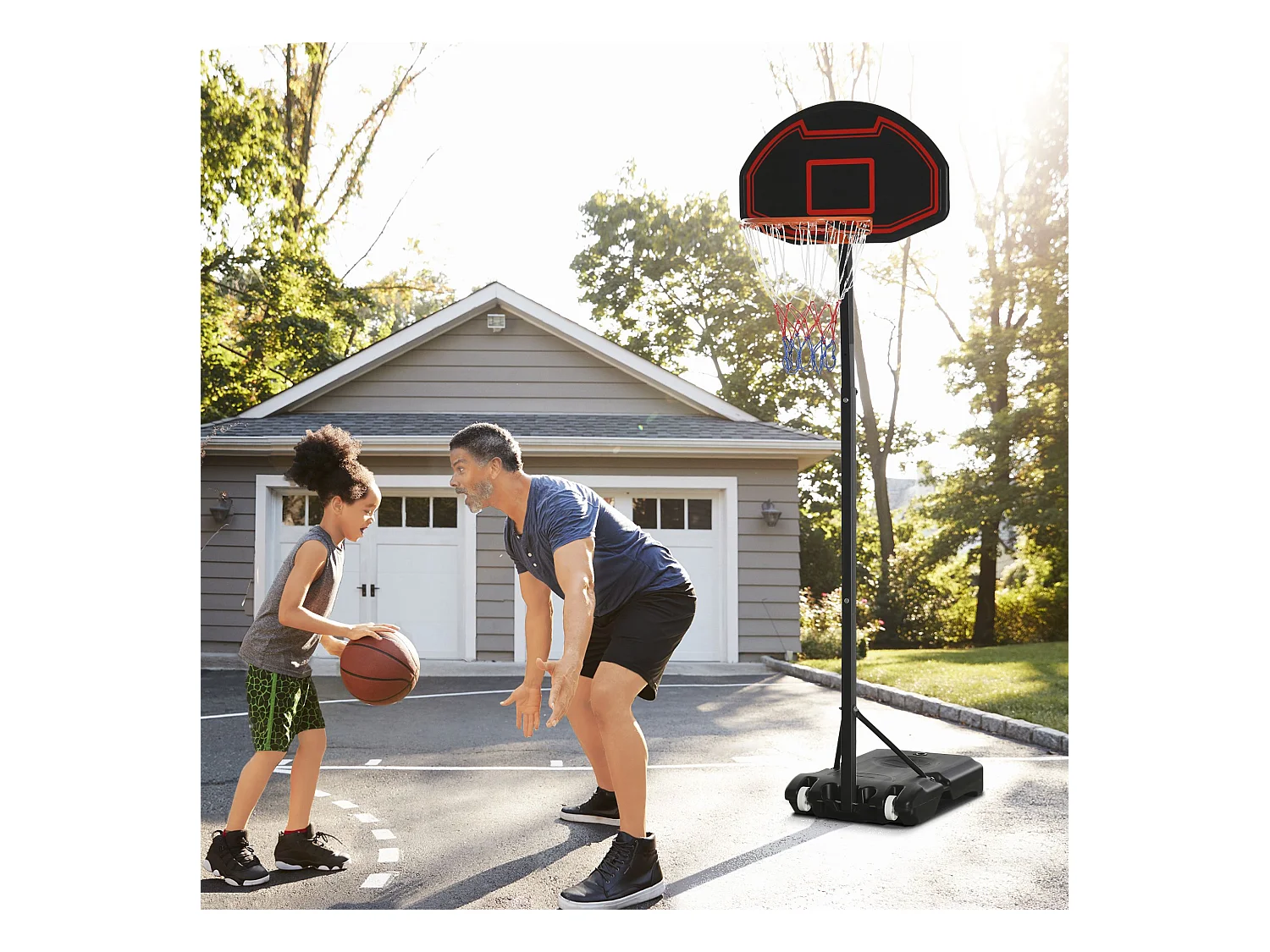 Panier de basket réglable en hauteur 195-250 cm avec support, acier, noir, pour enfants, avec roues (131, avec roues (131x49x250 cm)