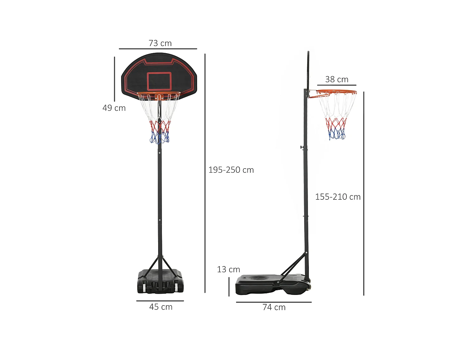 Panier de basket réglable en hauteur 195-250 cm avec support, acier, noir, pour enfants, avec roues (131, avec roues (131x49x250 cm)