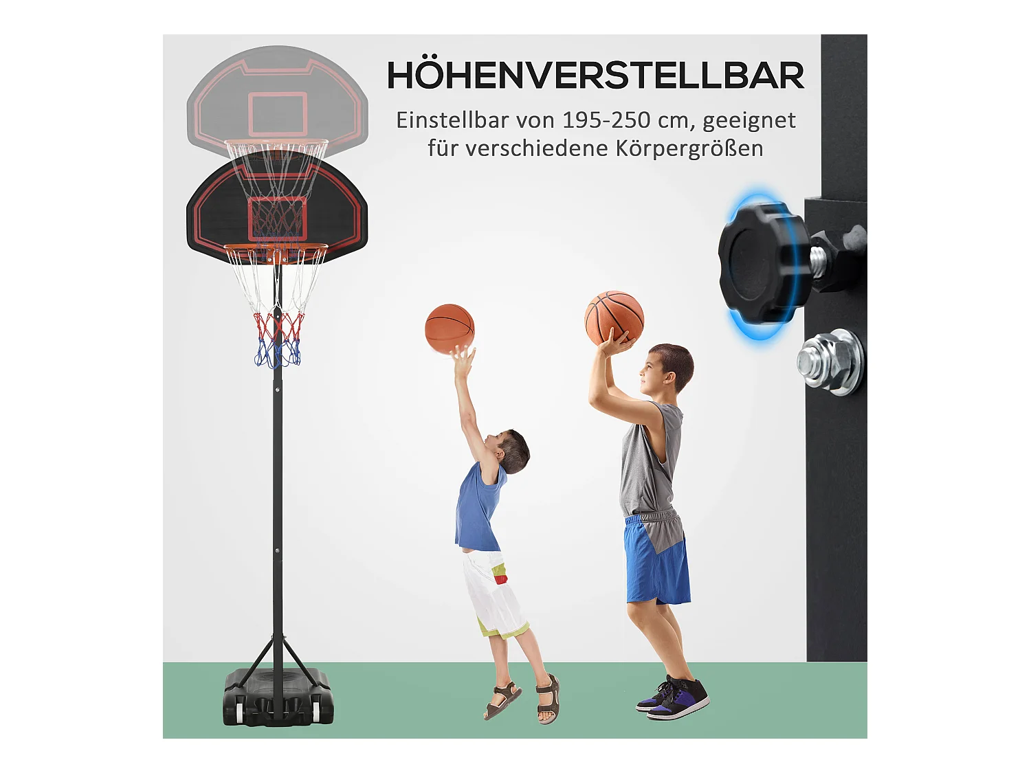 Panier de basket réglable en hauteur 195-250 cm avec support, acier, noir, pour enfants, avec roues (131, avec roues (131x49x250 cm)