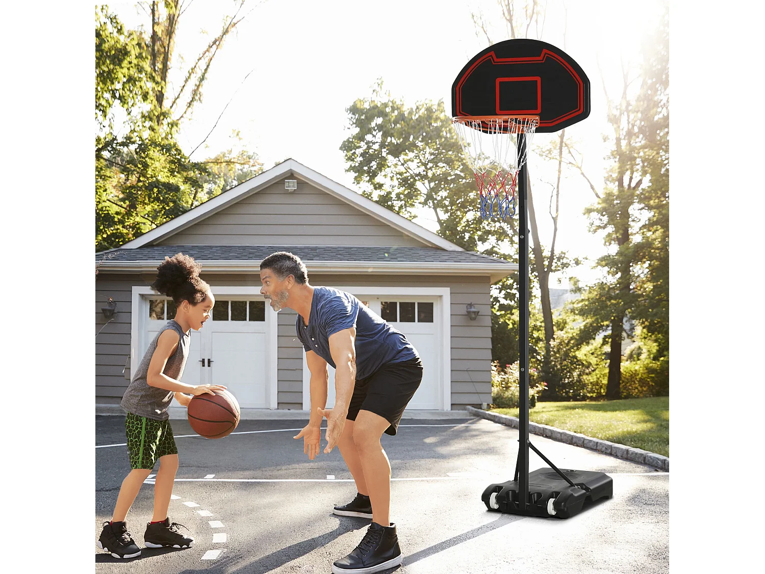 Panier de basket réglable en hauteur 195-250 cm avec support, acier, noir, pour enfants, avec roues (131, avec roues (131x49x250 cm)