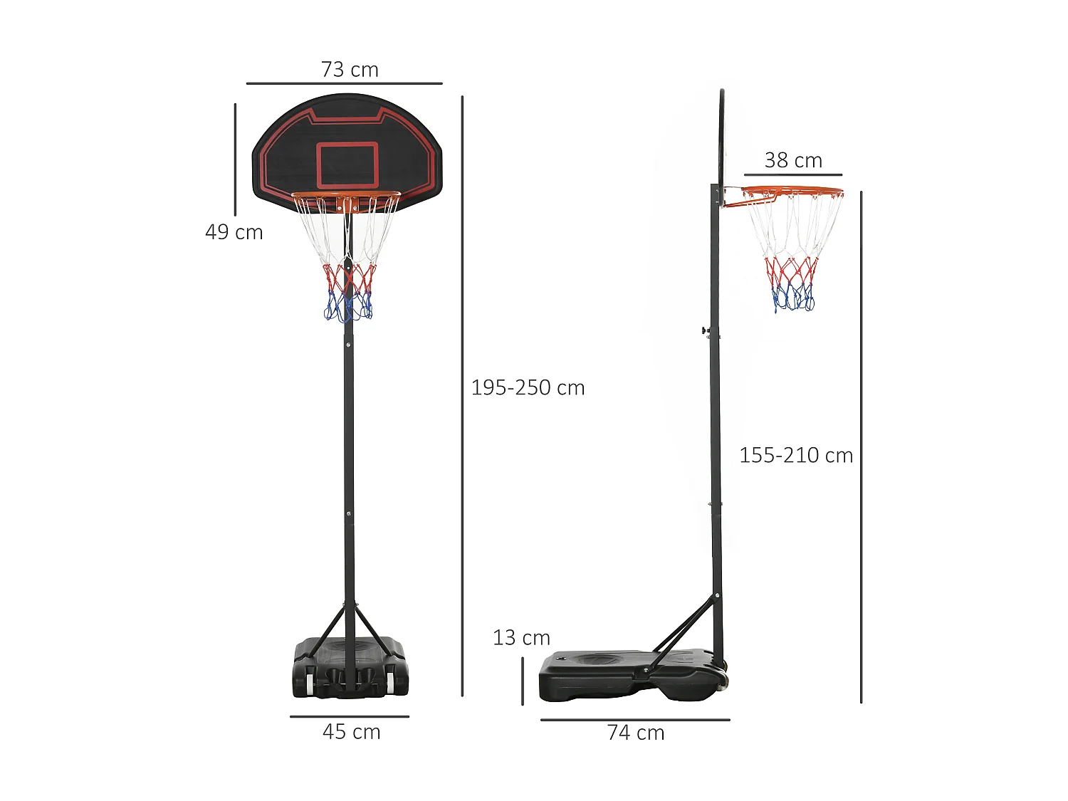 Panier de basket réglable en hauteur 195-250 cm avec support, acier, noir, pour enfants, avec roues (131, avec roues (131x49x250 cm)
