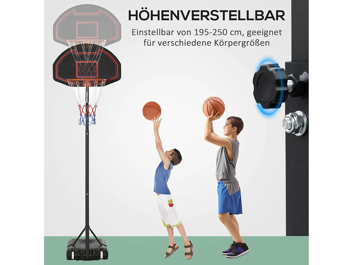 Panier de basket réglable en hauteur 195-250 cm avec support, acier, noir, pour enfants, avec roues (131, avec roues (131x49x250 cm)