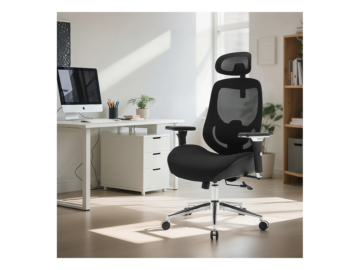 Fauteuil de bureau ergonomique avec accoudoirs 4D, support lombaire et tête, mesh respirant, noir (59.94x74.93x133cm)