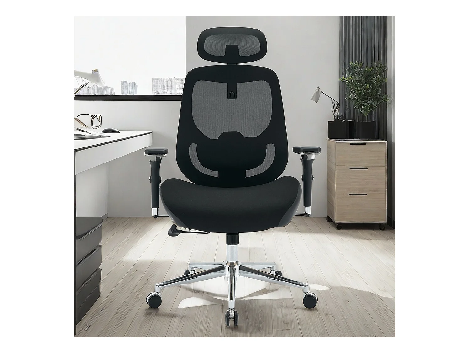 Fauteuil de bureau ergonomique avec accoudoirs 4D, support lombaire et tête, mesh respirant, noir (59.94x74.93x133cm)