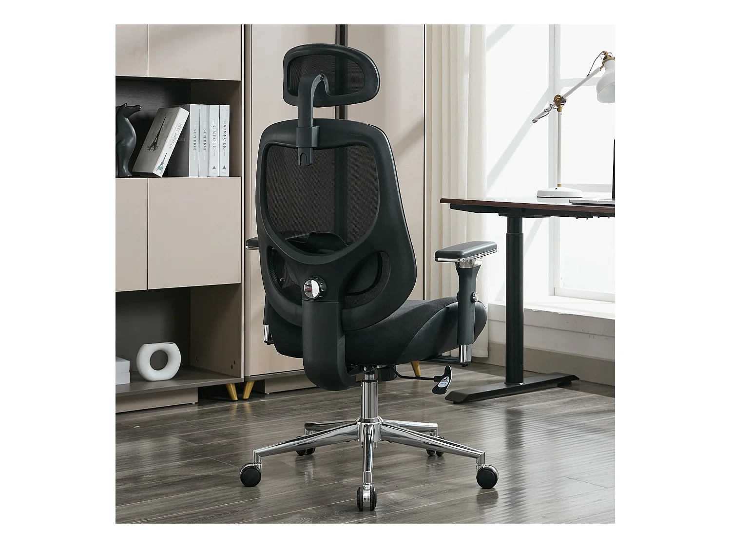 Fauteuil de bureau ergonomique avec accoudoirs 4D, support lombaire et tête, mesh respirant, noir (59.94x74.93x133cm)