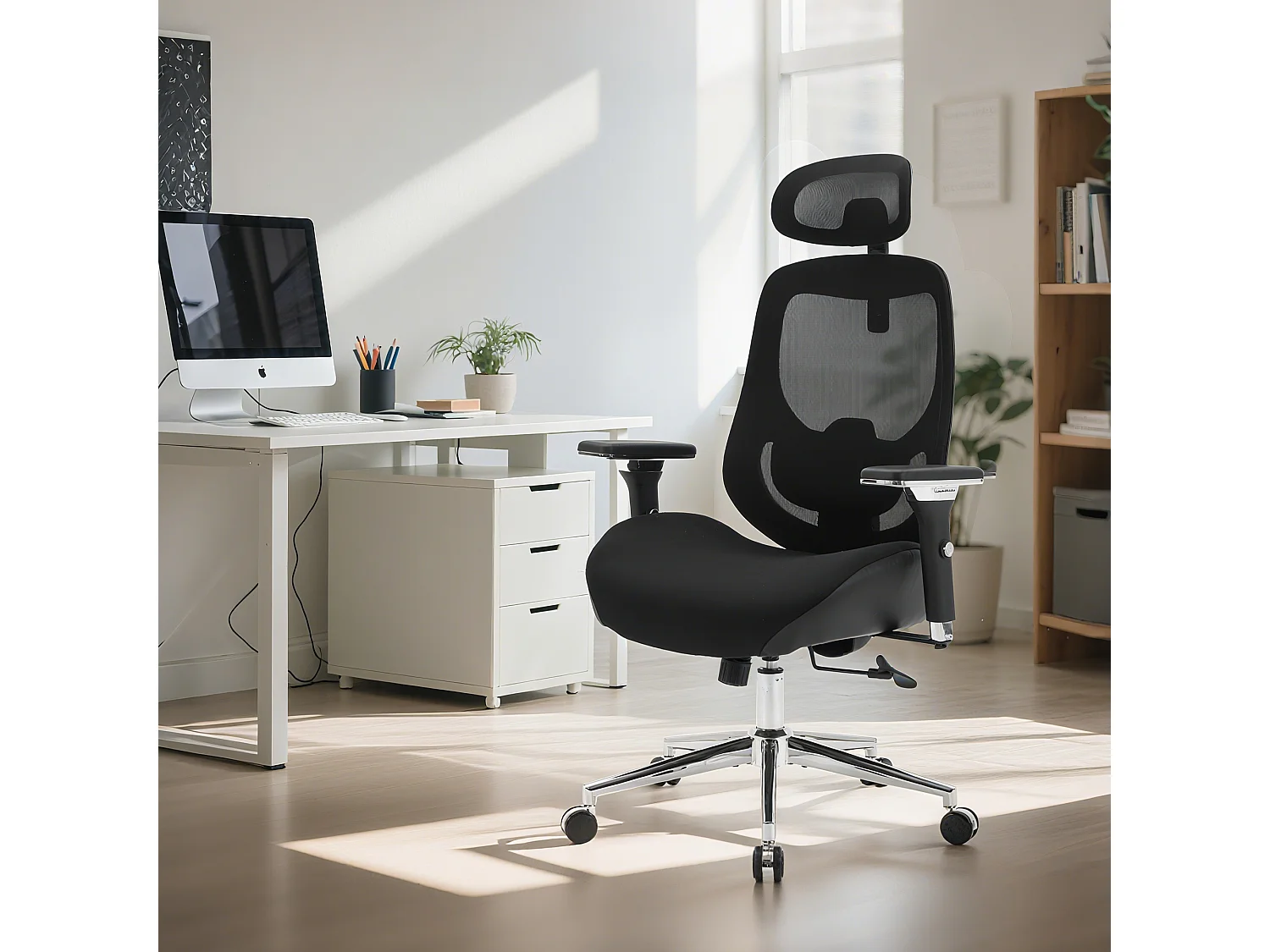 Fauteuil de bureau ergonomique avec accoudoirs 4D, support lombaire et tête, mesh respirant, noir (59.94x74.93x133cm)
