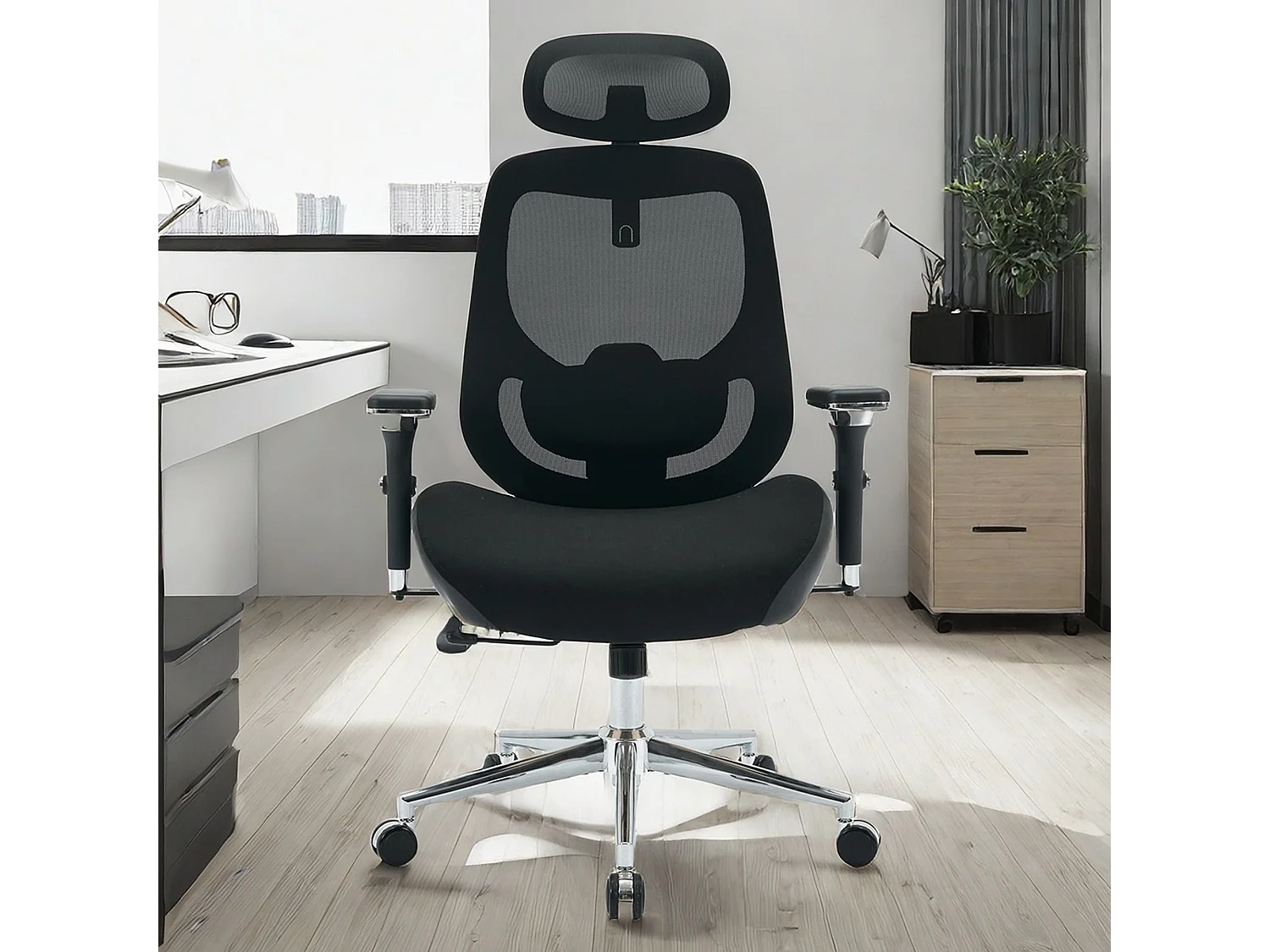 Fauteuil de bureau ergonomique avec accoudoirs 4D, support lombaire et tête, mesh respirant, noir (59.94x74.93x133cm)