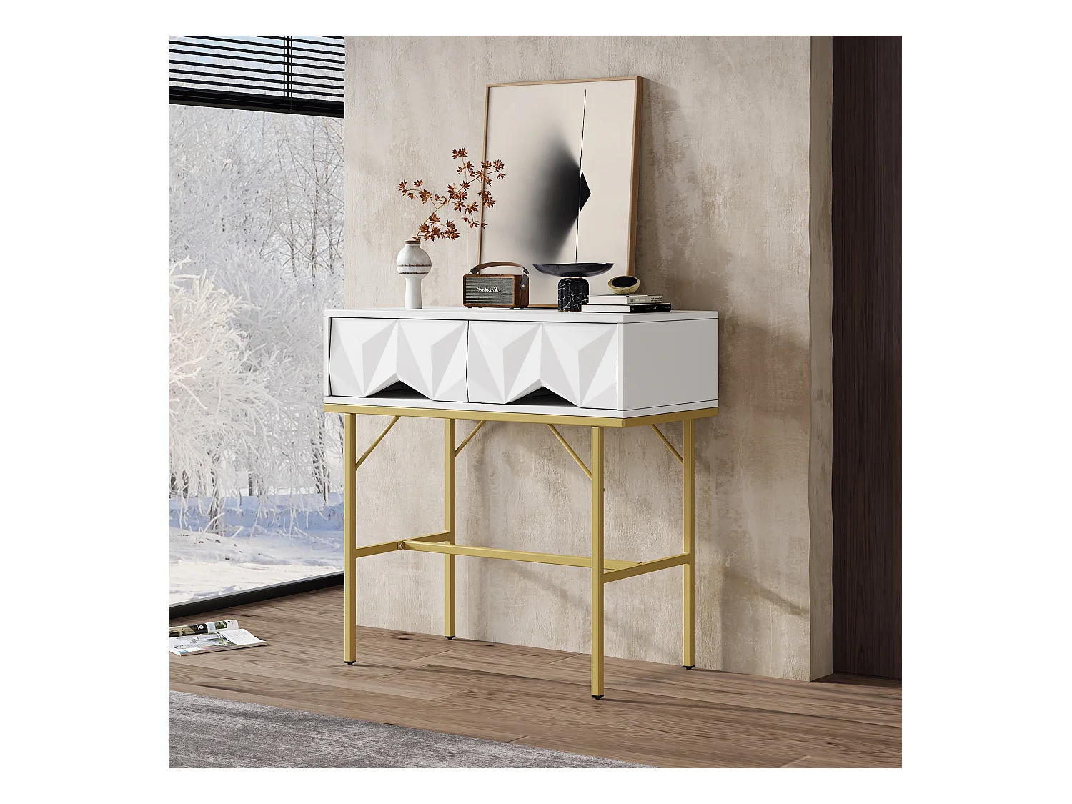 Console murale design avec tiroirs géométriques, MDF, blanc et doré (80x40x80cm)