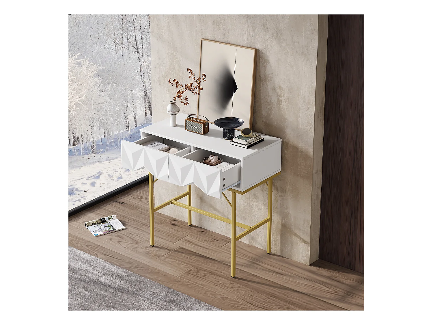 Console murale design avec tiroirs géométriques, MDF, blanc et doré (80x40x80cm)