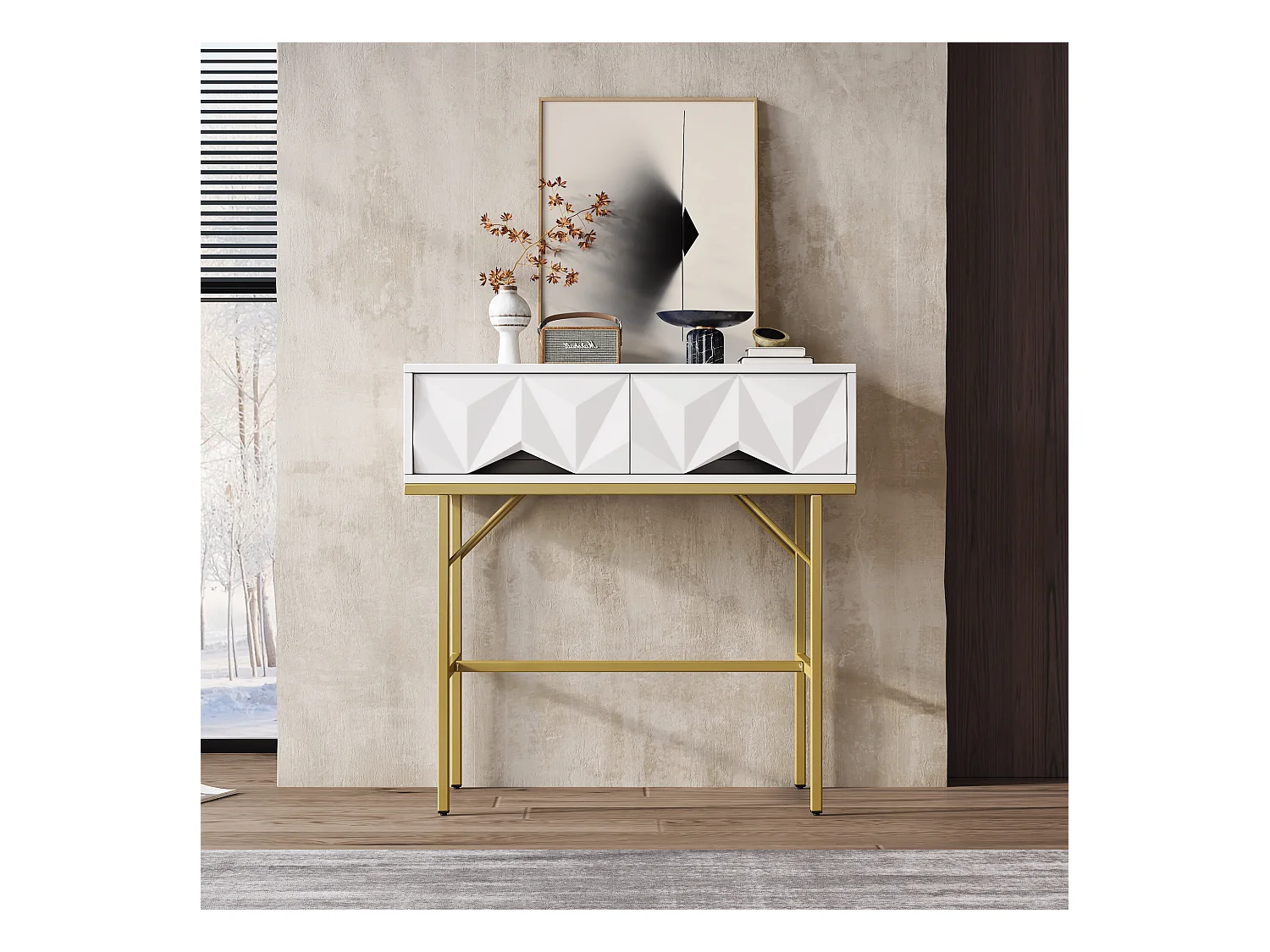 Console murale design avec tiroirs géométriques, MDF, blanc et doré (80x40x80cm)