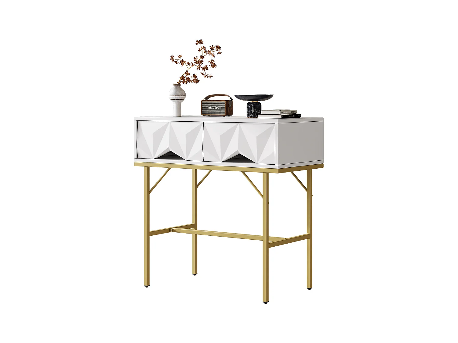 Console murale design avec tiroirs géométriques, MDF, blanc et doré (80x40x80cm)