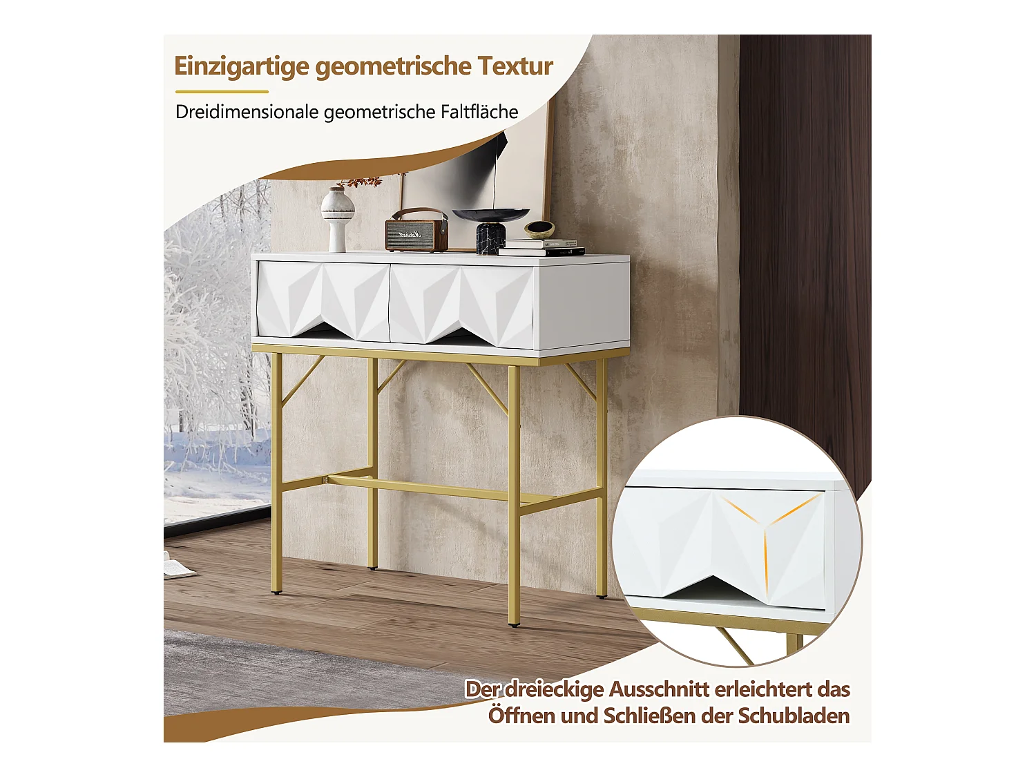 Console murale design avec tiroirs géométriques, MDF, blanc et doré (80x40x80cm)