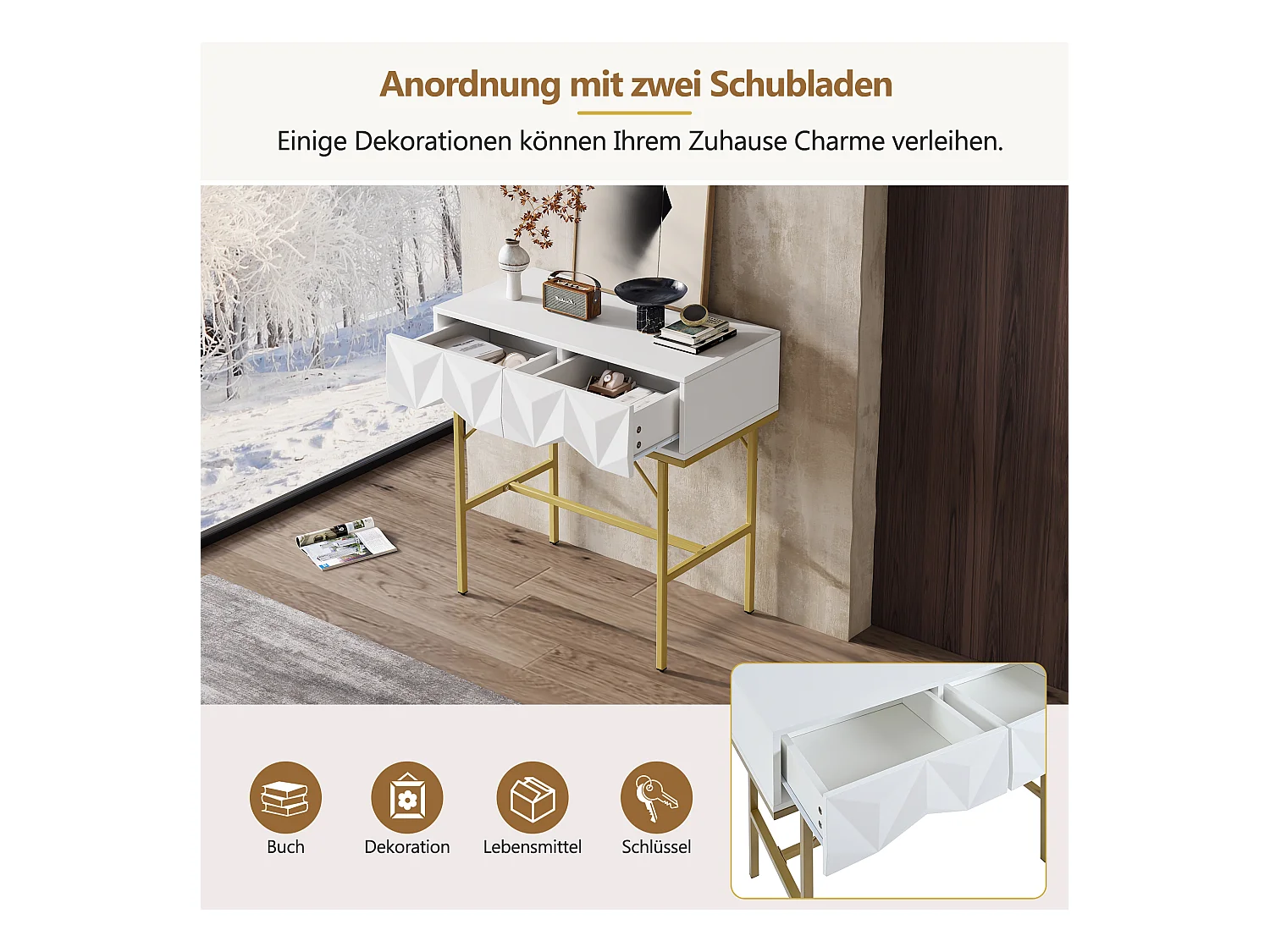 Console murale design avec tiroirs géométriques, MDF, blanc et doré (80x40x80cm)