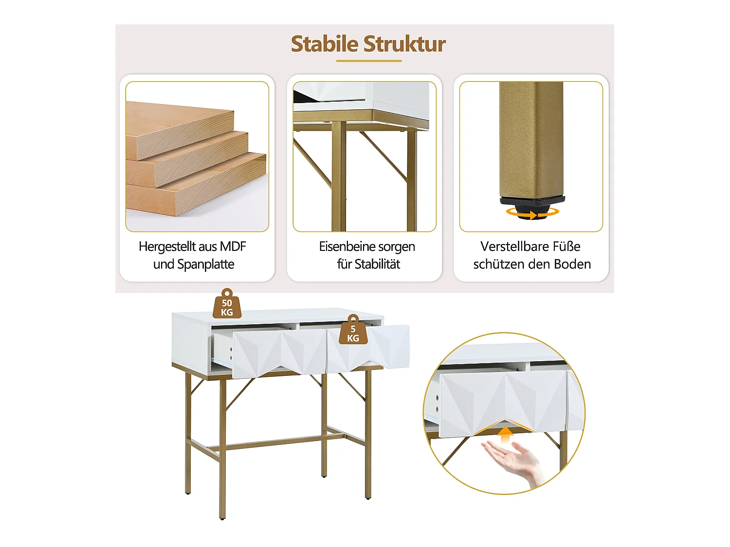 Console murale design avec tiroirs géométriques, MDF, blanc et doré (80x40x80cm)