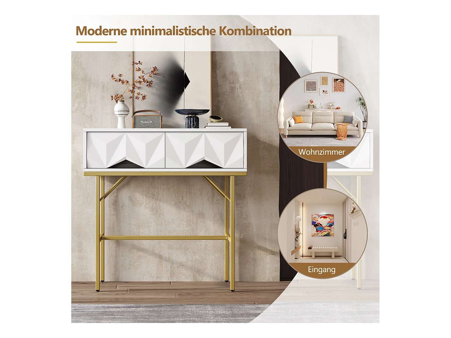 Console murale design avec tiroirs géométriques, MDF, blanc et doré (80x40x80cm)