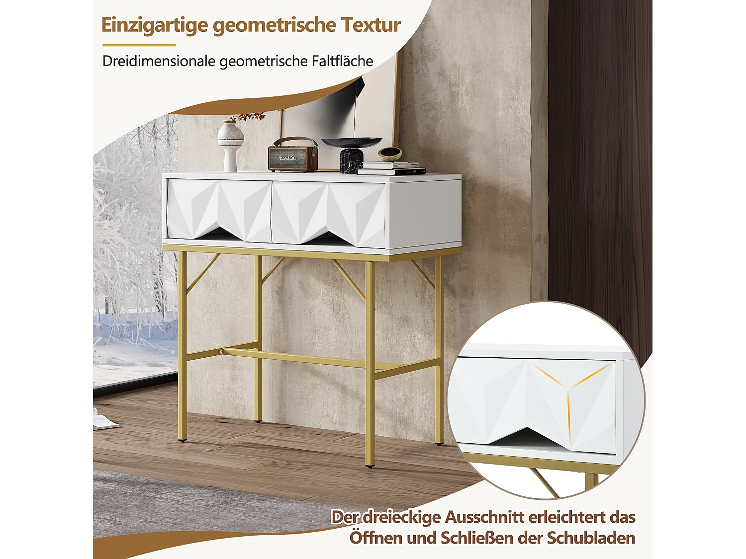 Console murale design avec tiroirs géométriques, MDF, blanc et doré (80x40x80cm)