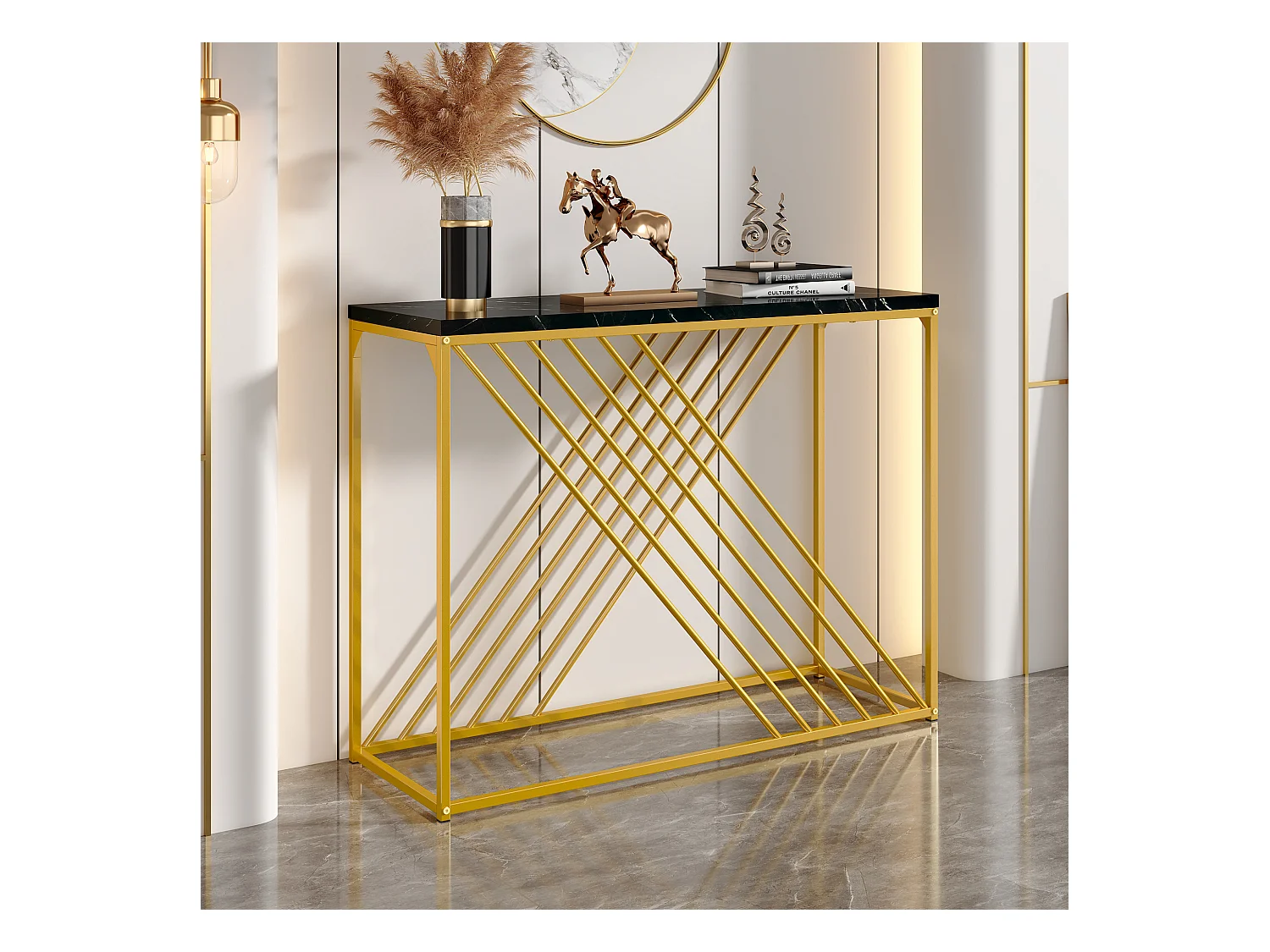 Table d'entrée vintage, design luxueux, MDF et métal, noir et doré (100x35x77cm)