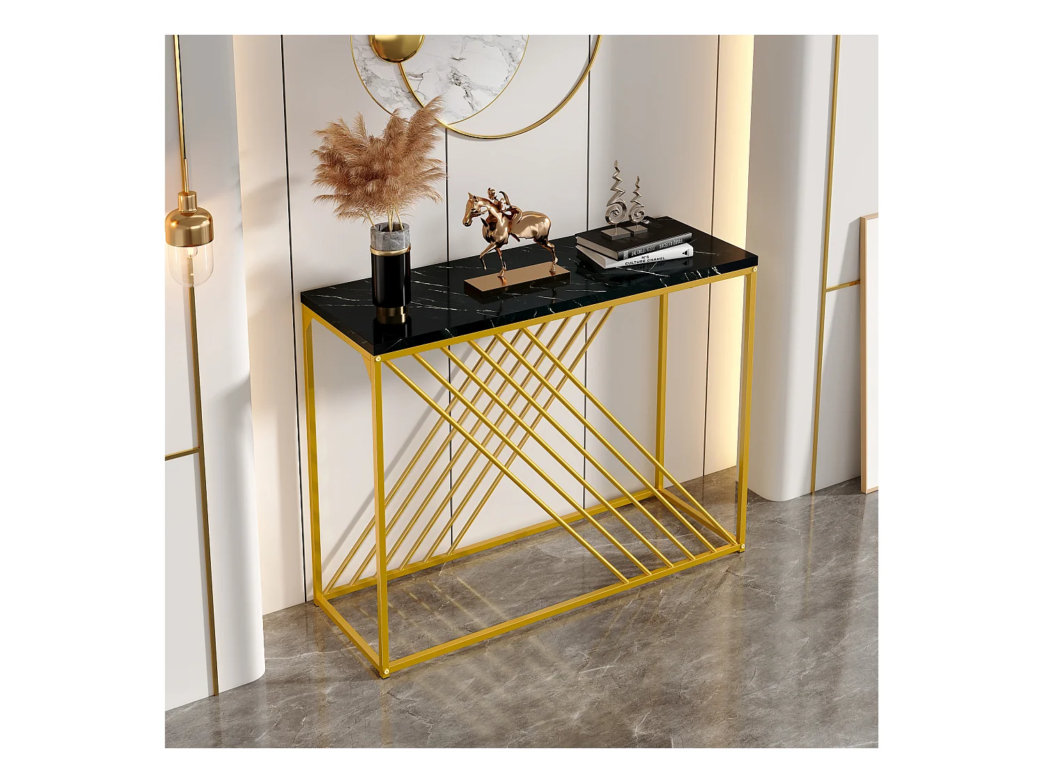 Table d'entrée vintage, design luxueux, MDF et métal, noir et doré (100x35x77cm)