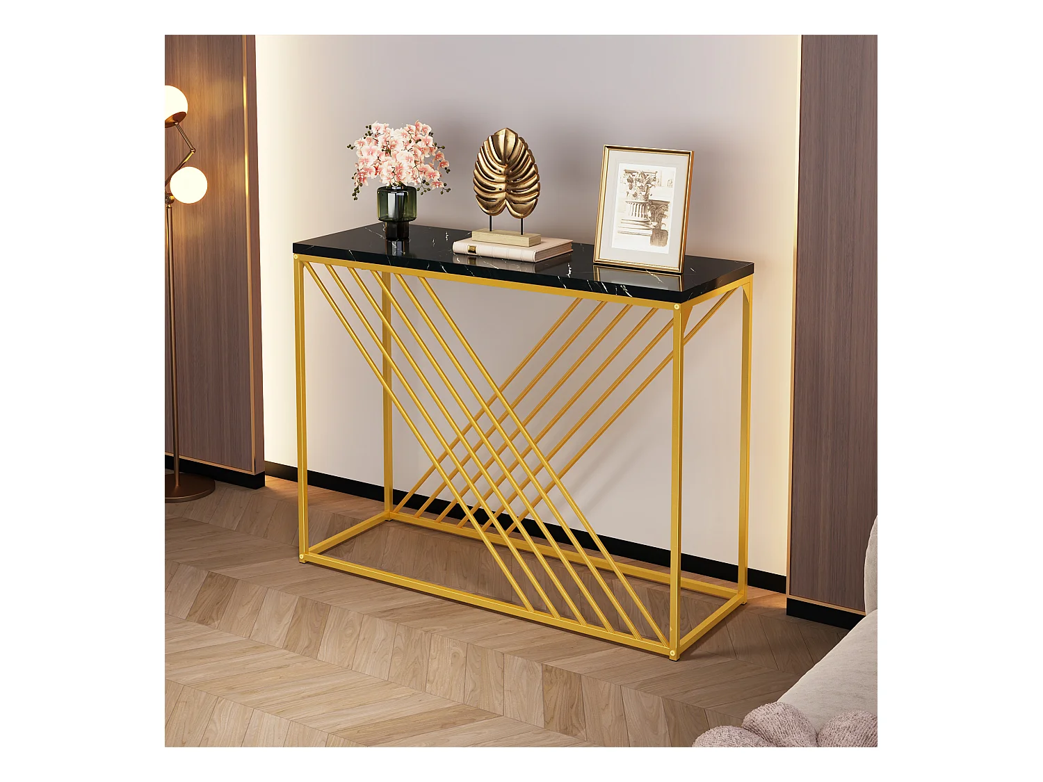 Table d'entrée vintage, design luxueux, MDF et métal, noir et doré (100x35x77cm)