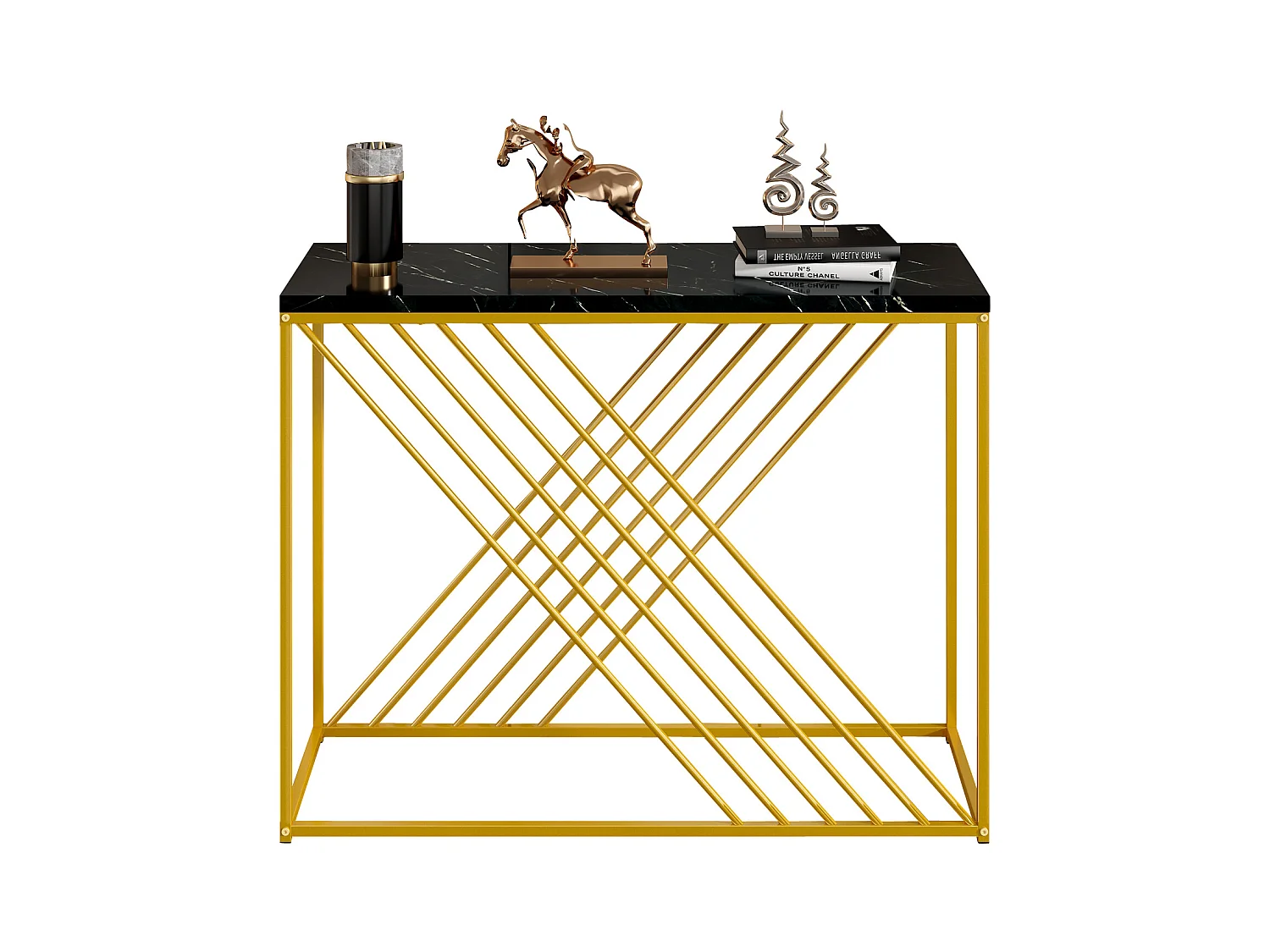 Table d'entrée vintage, design luxueux, MDF et métal, noir et doré (100x35x77cm)