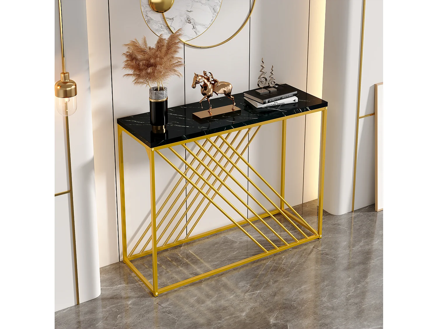 Table d'entrée vintage, design luxueux, MDF et métal, noir et doré (100x35x77cm)