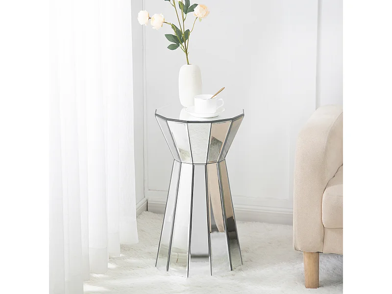 Tavolino moderno in vetro e MDF, design elegante con finitura a specchio, argento (30x30x55,5 cm)