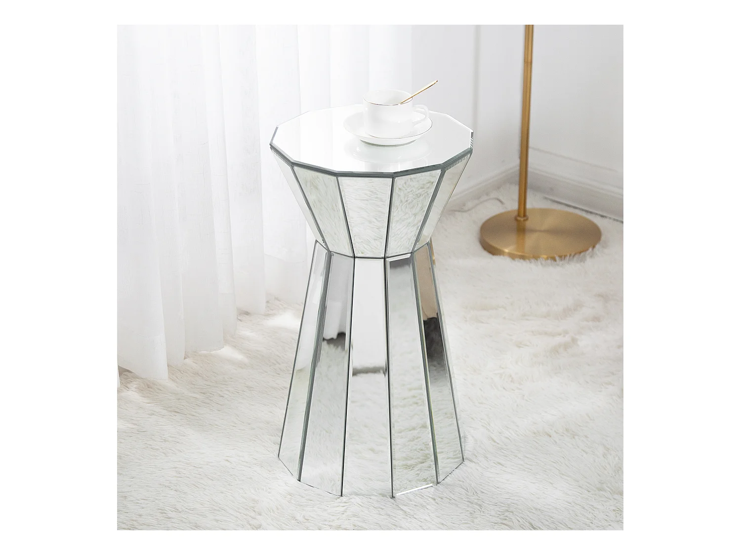 Table d'appoint moderne en verre et MDF, design élégant avec finition miroir, argenté (30x30x55.5cm)