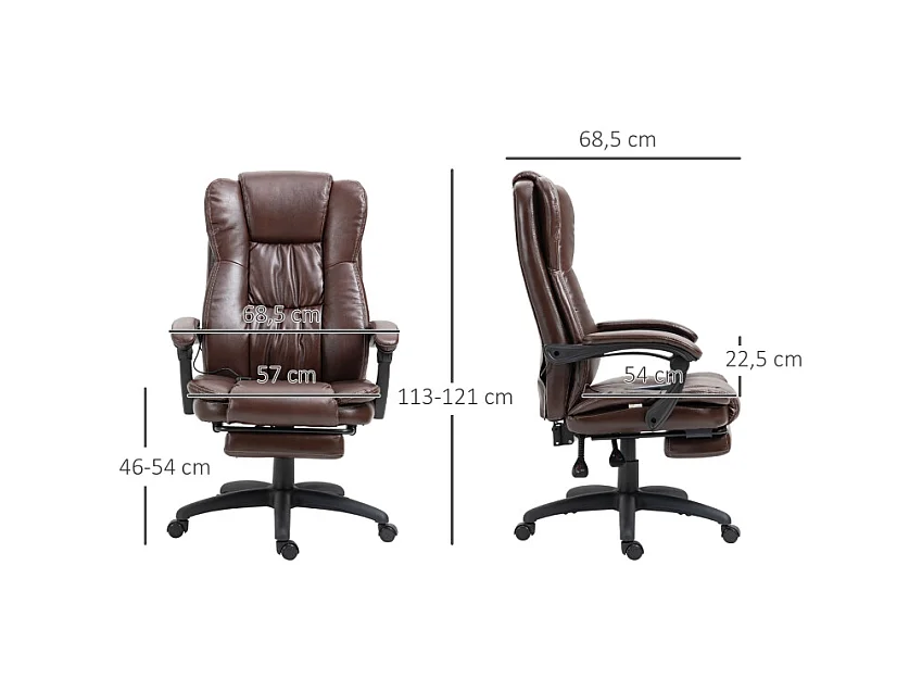Fauteuil de bureau ergonomique avec repose-pieds, massage, réglable, similicuir, marron (68.5x68.5x113-121cm)