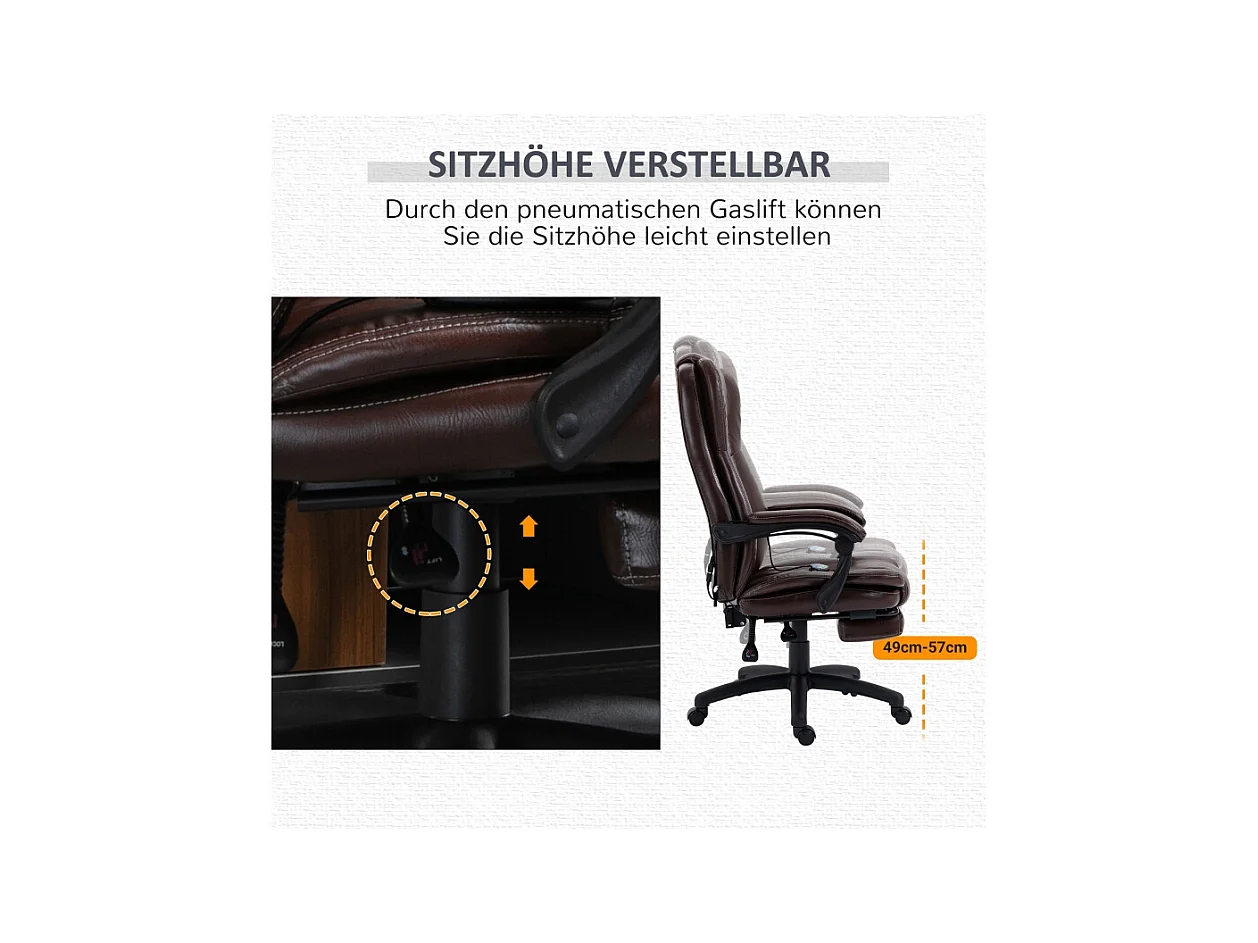 Fauteuil de bureau ergonomique avec repose-pieds, massage, réglable, similicuir, marron (68.5x68.5x113-121cm)