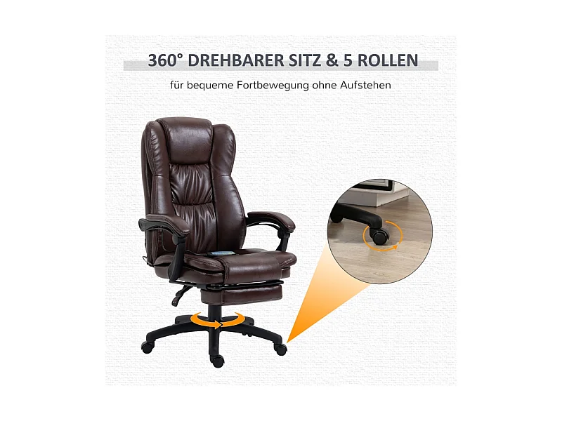 Fauteuil de bureau ergonomique avec repose-pieds, massage, réglable, similicuir, marron (68.5x68.5x113-121cm)