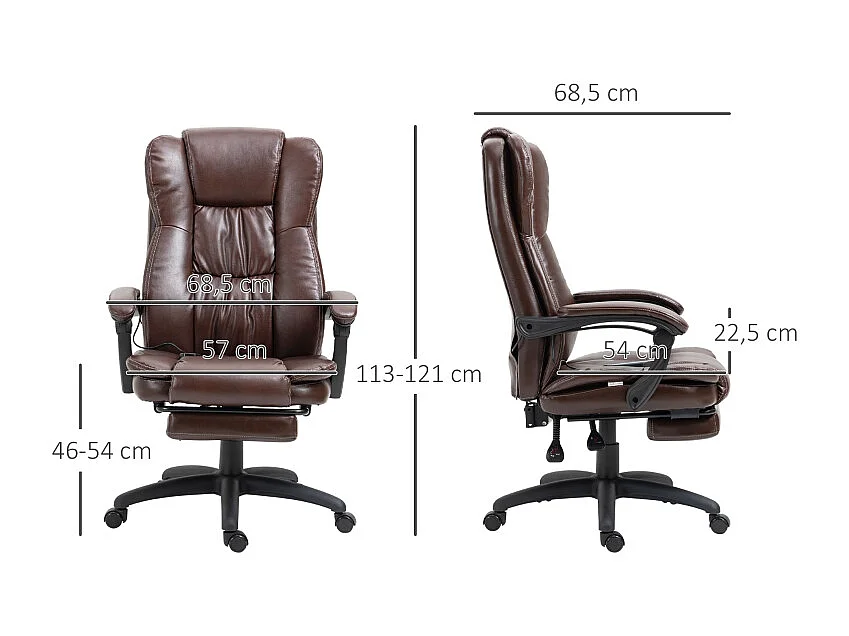 Fauteuil de bureau ergonomique avec repose-pieds, massage, réglable, similicuir, marron (68.5x68.5x113-121cm)