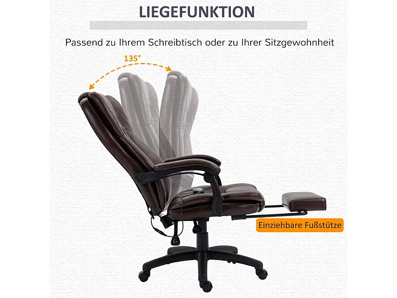 Fauteuil de bureau ergonomique avec repose-pieds, massage, réglable, similicuir, marron (68.5x68.5x113-121cm)