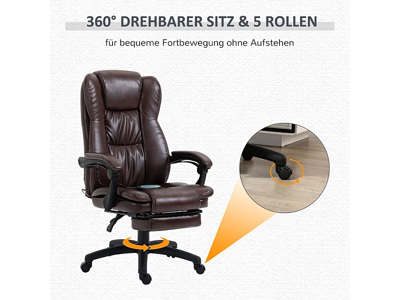Fauteuil de bureau ergonomique avec repose-pieds, massage, réglable, similicuir, marron (68.5x68.5x113-121cm)
