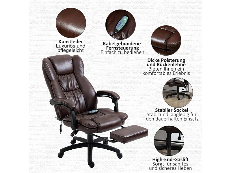 Fauteuil de bureau ergonomique avec repose-pieds, massage, réglable, similicuir, marron (68.5x68.5x113-121cm)