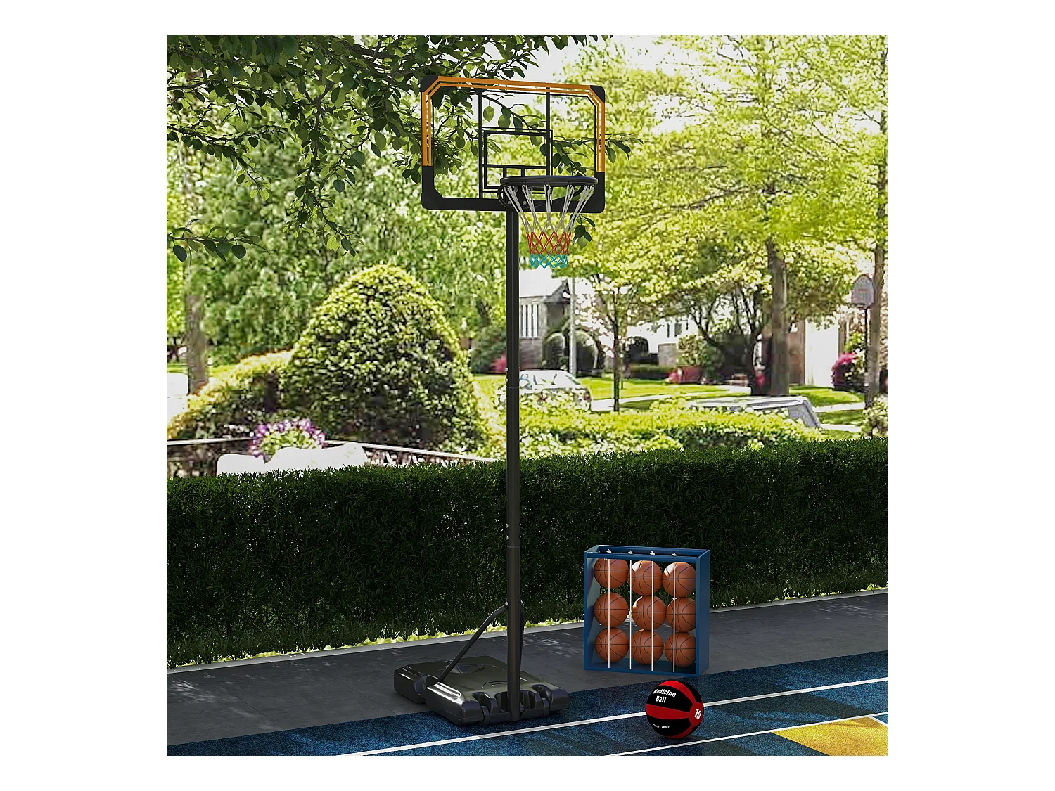 Panier de basket réglable en hauteur avec support, acier, noir, roues incluses (71x74x264 cm)