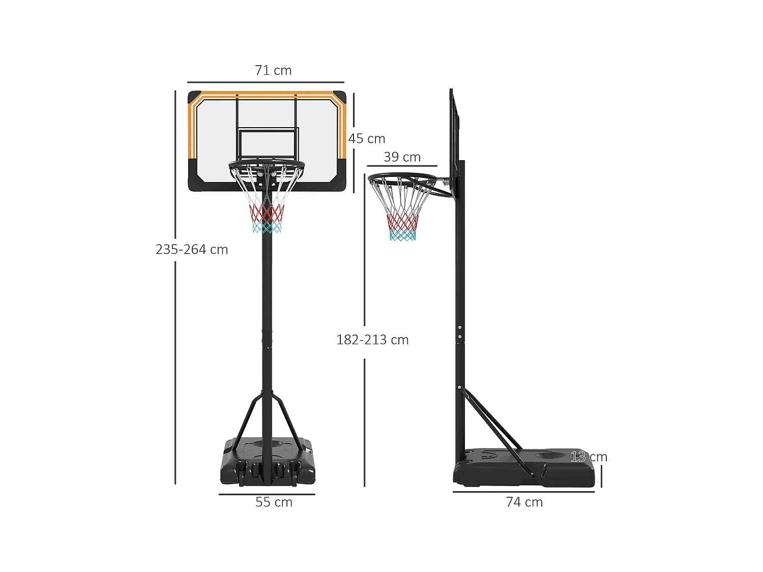 Panier de basket réglable en hauteur avec support, acier, noir, roues incluses (71x74x264 cm)