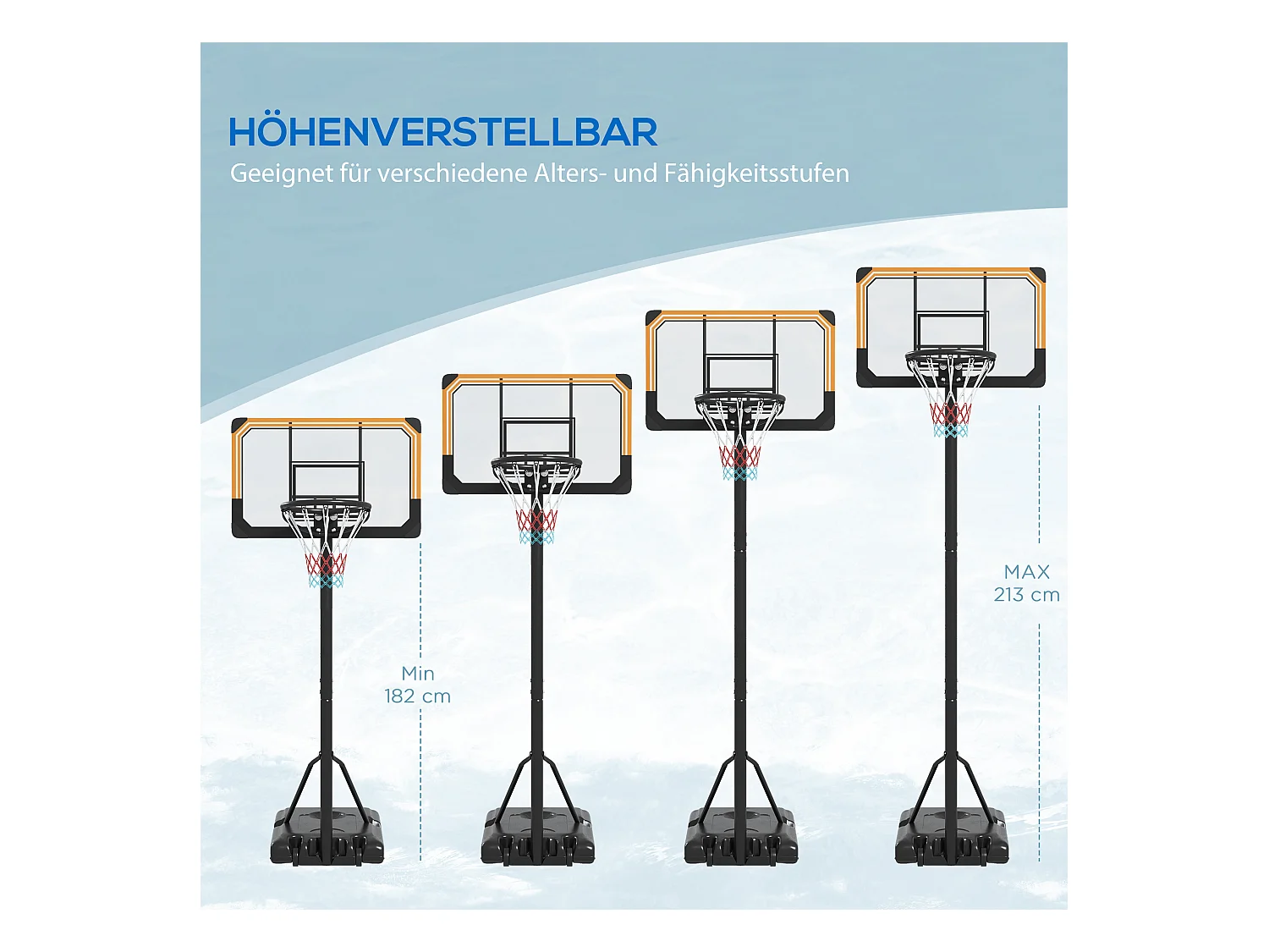 Panier de basket réglable en hauteur avec support, acier, noir, roues incluses (71x74x264 cm)