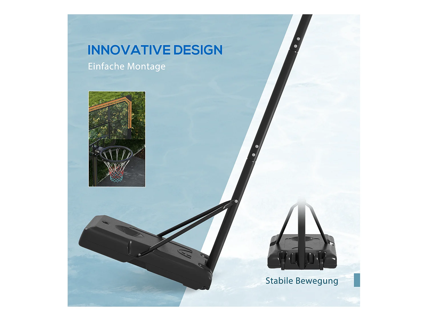 Panier de basket réglable en hauteur avec support, acier, noir, roues incluses (71x74x264 cm)
