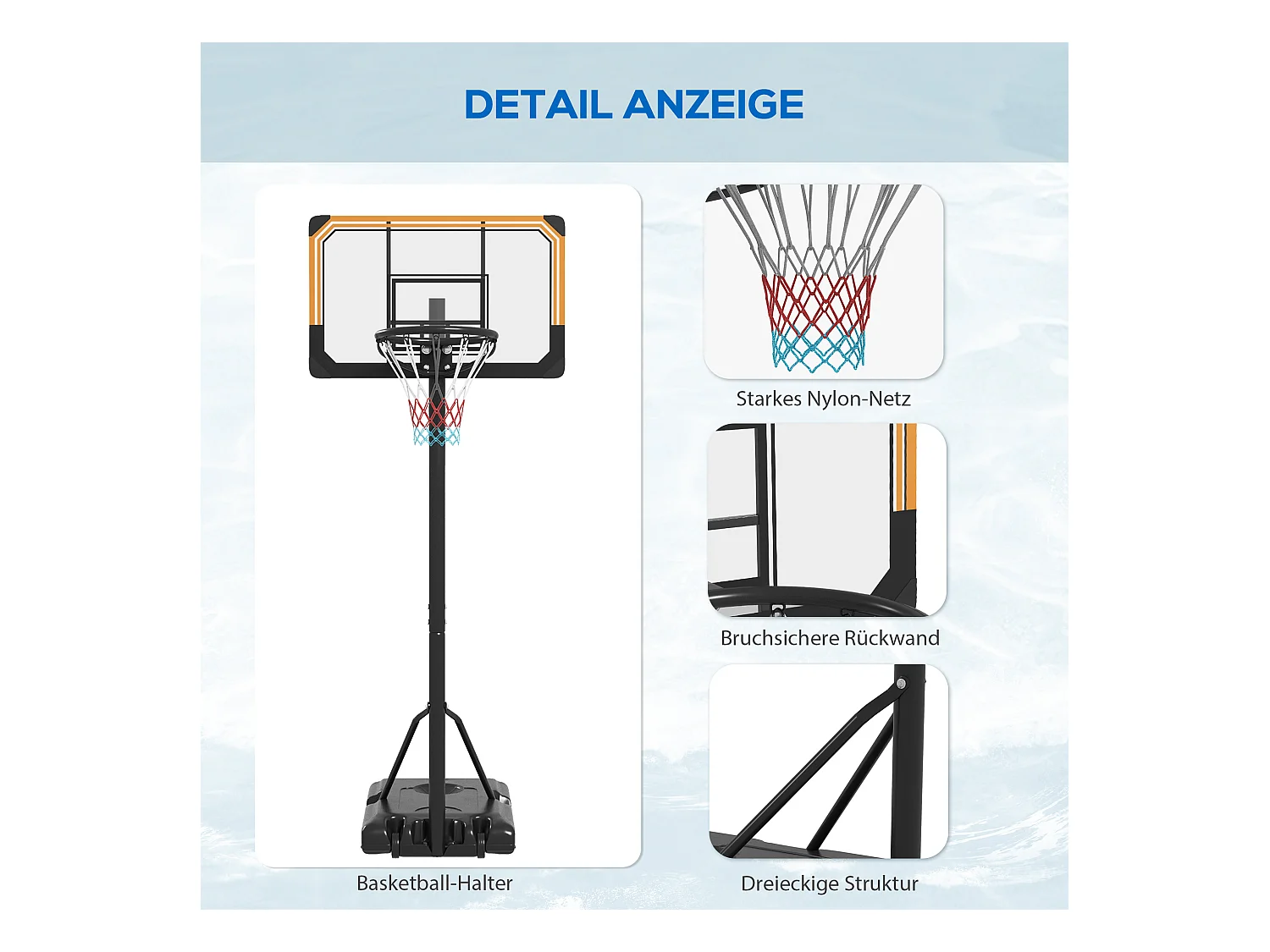 Panier de basket réglable en hauteur avec support, acier, noir, roues incluses (71x74x264 cm)