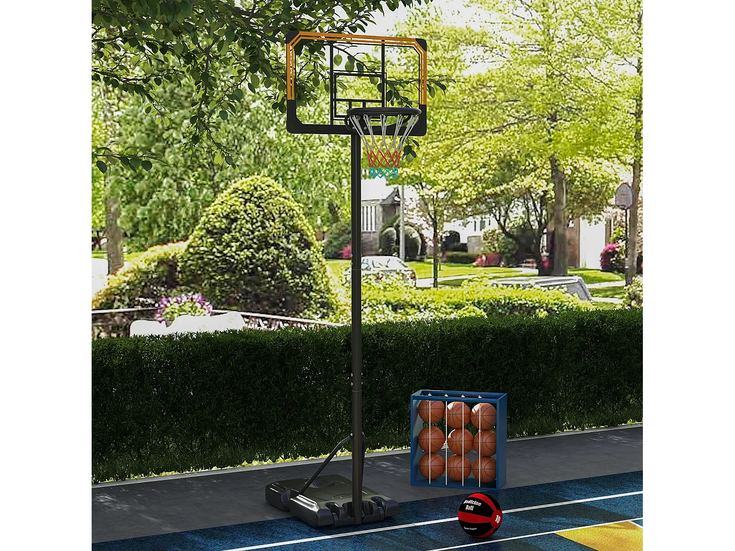 Panier de basket réglable en hauteur avec support, acier, noir, roues incluses (71x74x264 cm)