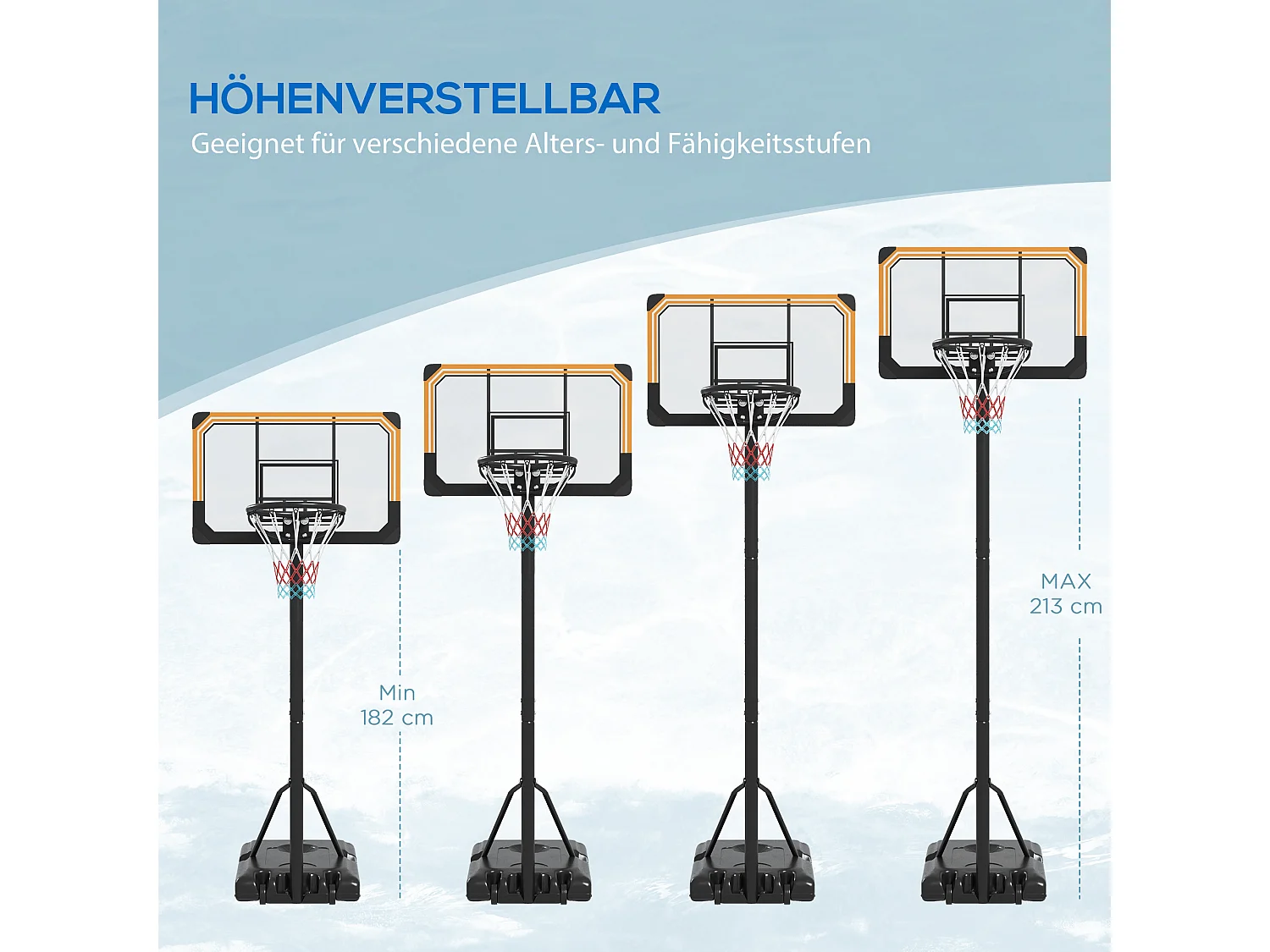Panier de basket réglable en hauteur avec support, acier, noir, roues incluses (71x74x264 cm)
