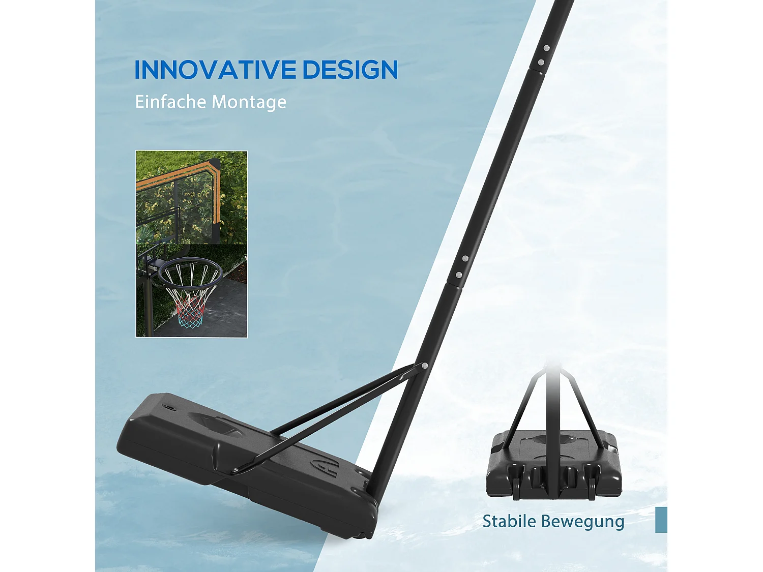 Panier de basket réglable en hauteur avec support, acier, noir, roues incluses (71x74x264 cm)