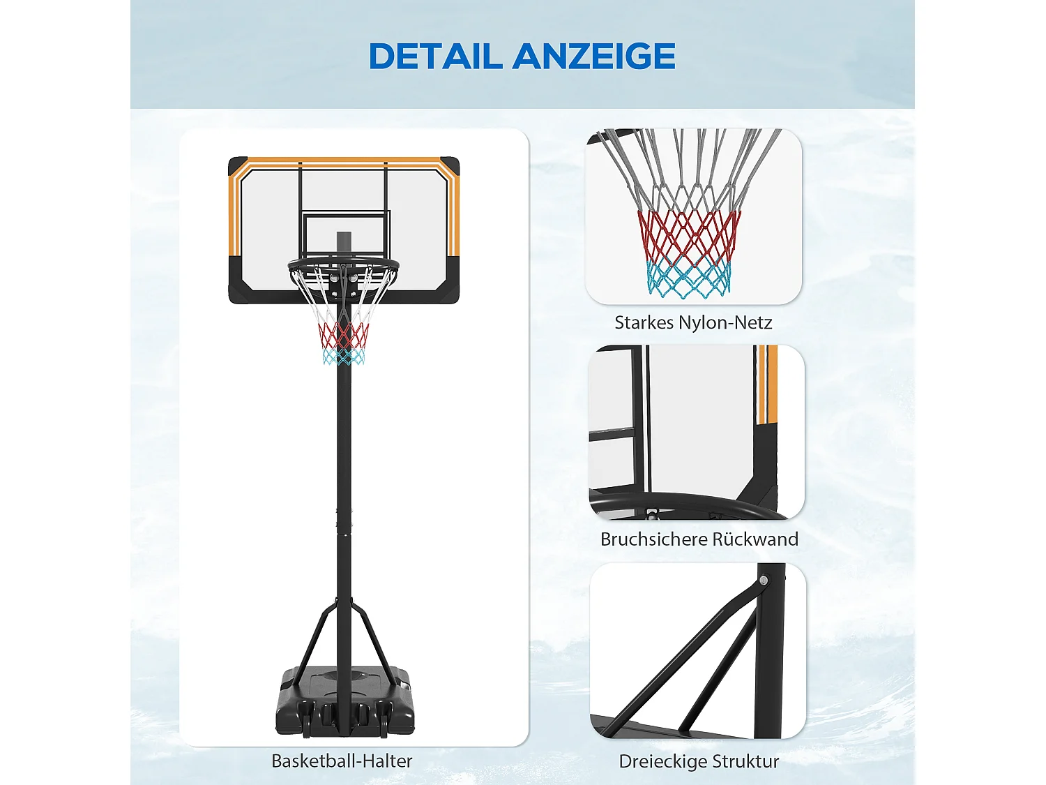 Panier de basket réglable en hauteur avec support, acier, noir, roues incluses (71x74x264 cm)