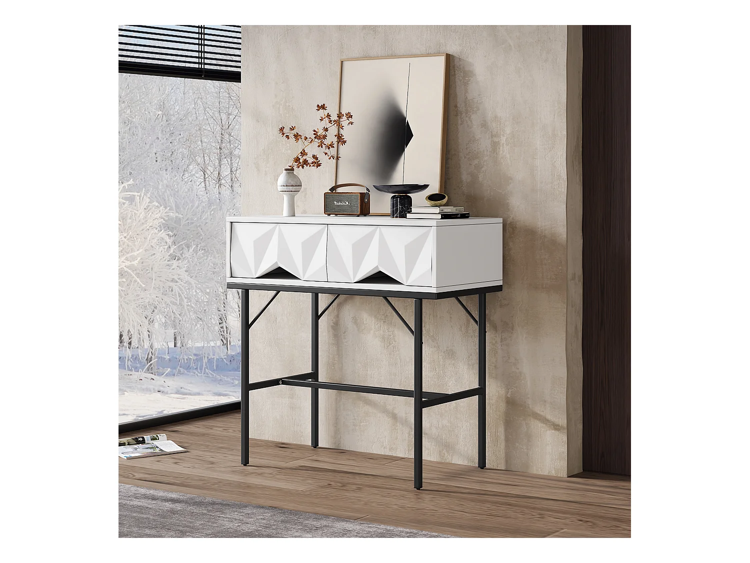 Console murale moderne à tiroirs géométriques, design 3D, MDF, blanc et noir (80x40x80cm)