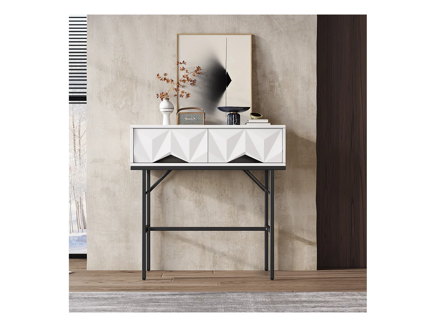 Console murale moderne à tiroirs géométriques, design 3D, MDF, blanc et noir (80x40x80cm)