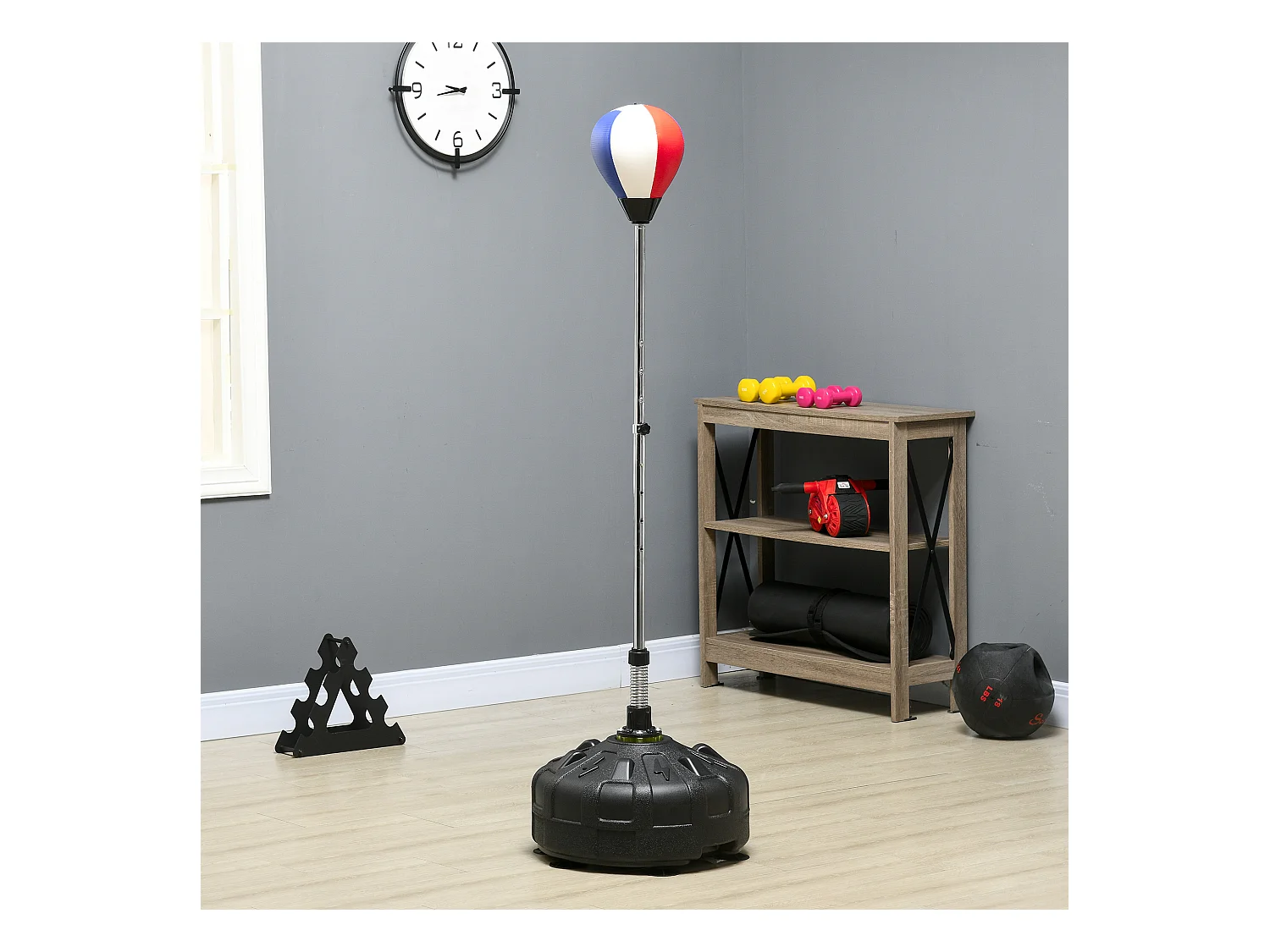 Sac de frappe sur pied, réglable en hauteur de 147 à 165 cm, cuir, noir (48x48x147-165 cm)