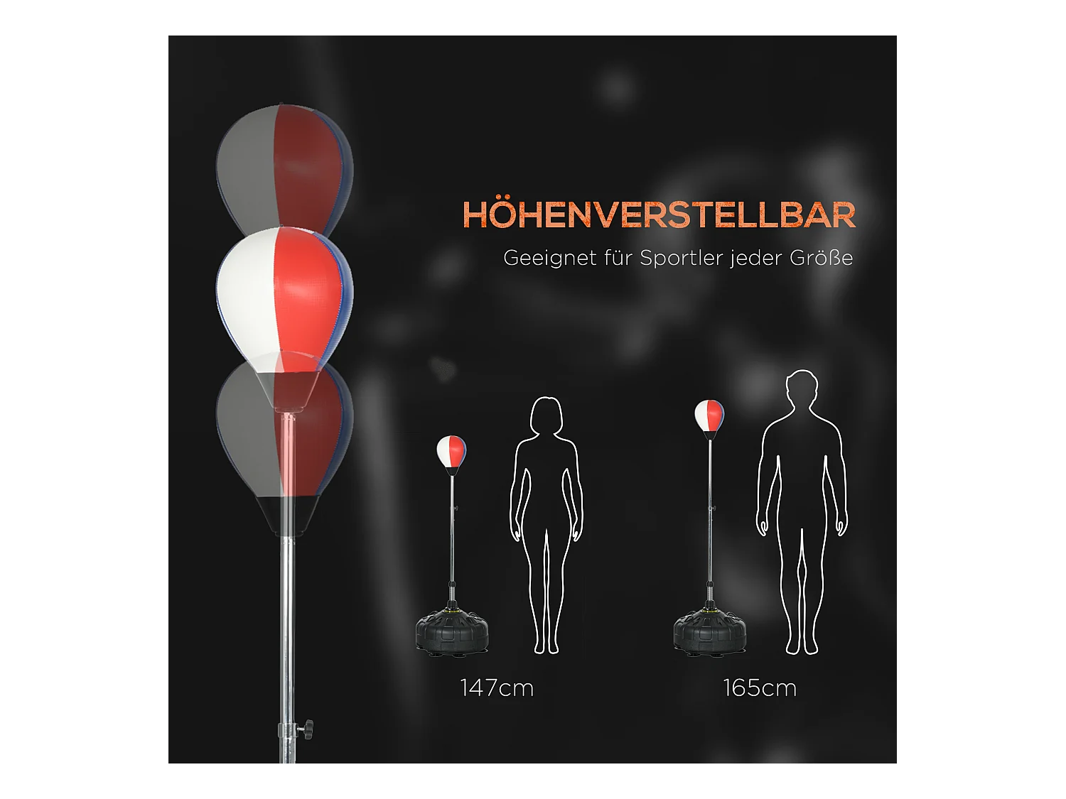 Sac de frappe sur pied, réglable en hauteur de 147 à 165 cm, cuir, noir (48x48x147-165 cm)