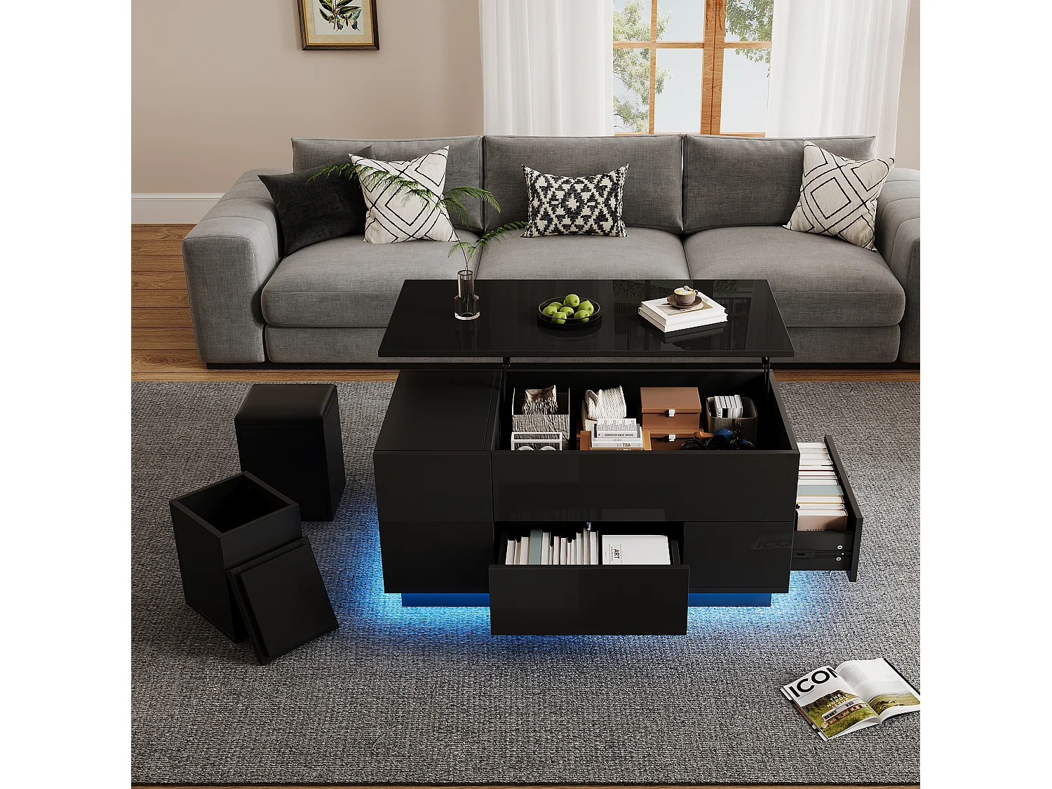 Table basse multifonction réglable en hauteur avec LED, 2 tiroirs et tabourets de rangement, panneau de particules, noir (100x50x45cm)